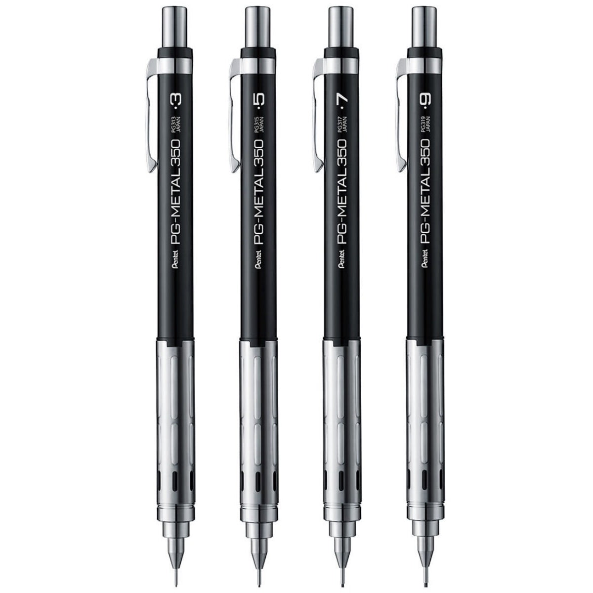 Pentel PG-METAL 350 0.3mm, 0.5mm, 0.7mm and 0.9mm Mechanical Pencils (Pack of 4)