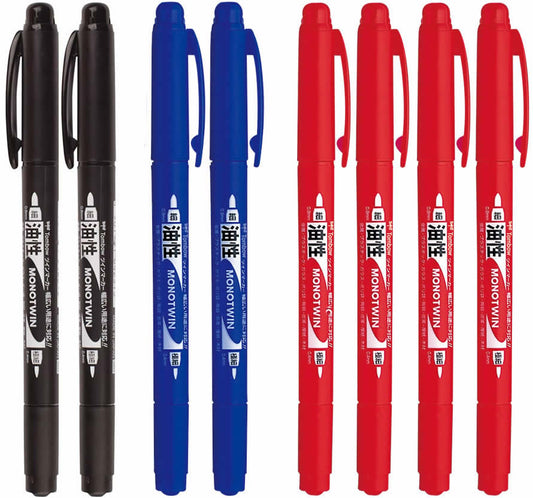 Tombow Mono TWIN Twin-Tipped 0.4mm - 0.8mm Oil-Based Ink Marker Black 2X, Blue 2X and Red 4X