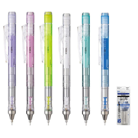 Tombow MONO Graph Clear Color 0.5mm Shake-Mechanism Mechanical Pencils 6X, Erasers 1X