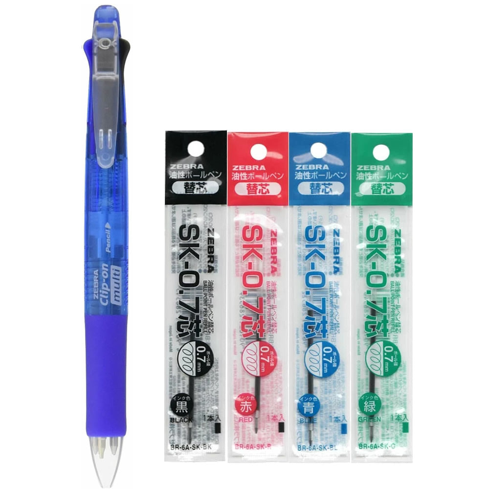 Zebra Clip-on multi 0.7mm Multifunctional Pen + SK-0.7 Black, Blue, Red, Green 0.7mm Refills (4pcs)