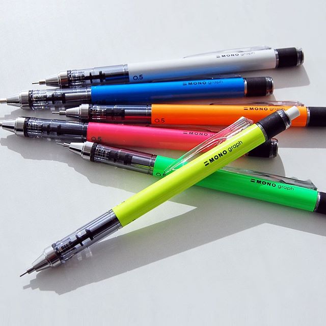Tombow MONO graph NEON Color 0.5mm Mechanical Pencil 6X, Erasers 1X