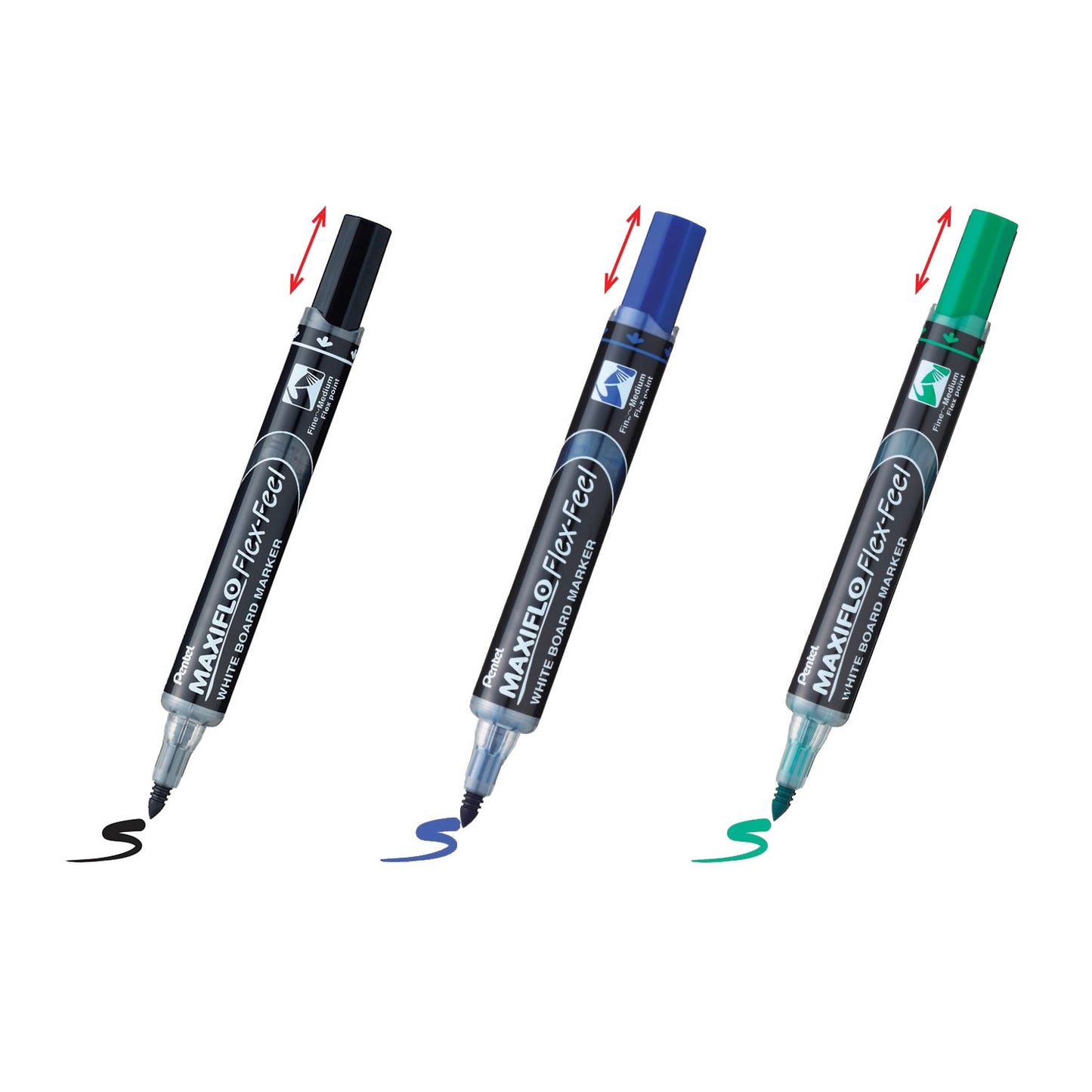 Pentel MAXIFLO Flex Point Whiteboard Markers, Black, Blue, Green (Pack of 3)