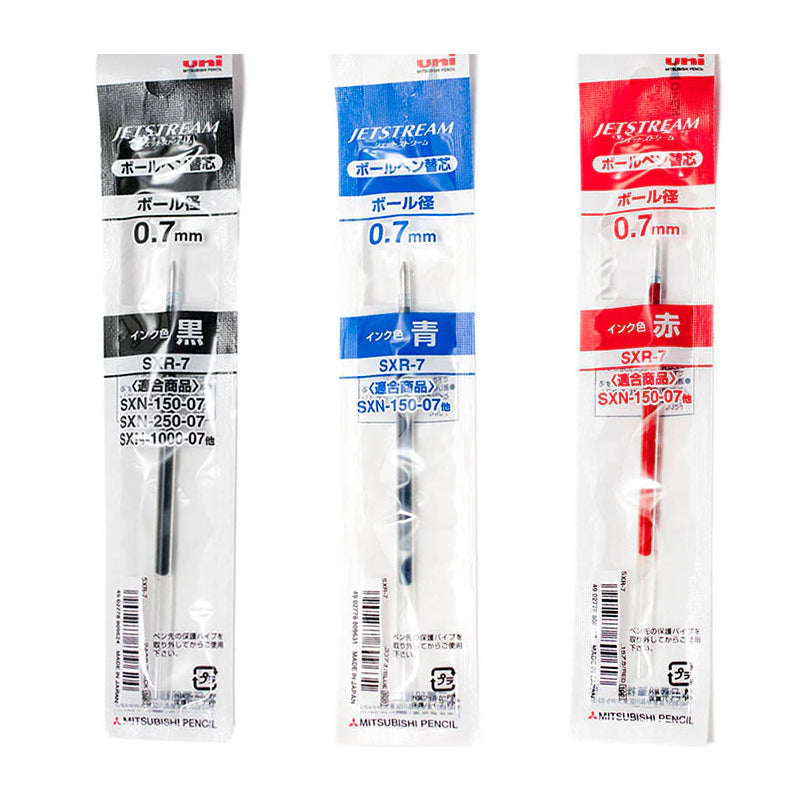 Uni Jetstream 0.7mm Black Blue Red Ballpoint Pen Refills (Pack of 3)