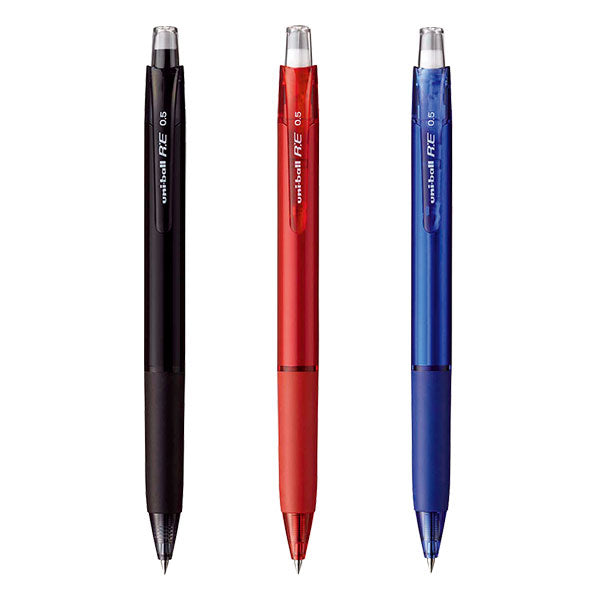 Uniball R:E 0.5mm Erasable Ballpoint Pens, Black, Blue, Red (Pack of 3)