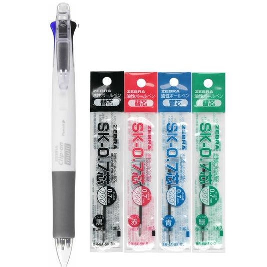 Zebra Clip-on multi 0.7mm Multifunctional Pen + SK-0.7 Black, Blue, Red, Green 0.7mm Refills (4pcs)